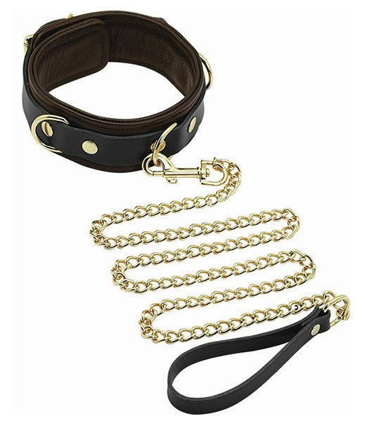 COLLAR AND LEASH-BROWN LEATHER WITH GOLD ACCENT HARDWARE