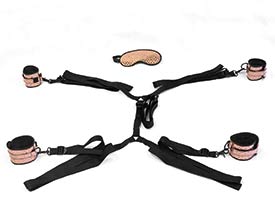 FAUX LEATHER WRIST AND ANKLE CUFFS AND BLINDFOLD