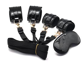 FAUX GLOSSY LEATHER WRIST AND ANKLE RESTRAINTS WITH BLINDFOLD