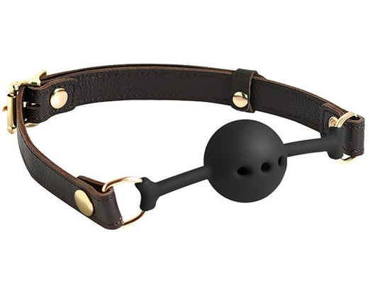BREATHABLE SILICONE GAG WITH BROWN LEATHER STRAP